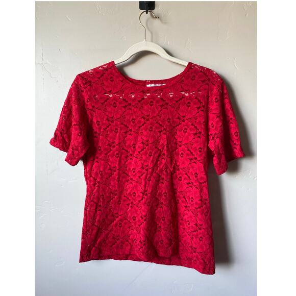 VTG Anna Kriste Red Short Sleeved See Through Floral Lace Top- Size XL - Picture 1 of 4